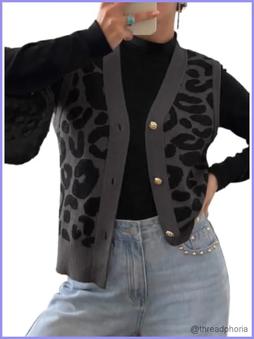 V Neck Sleeveless Cardigan Vest Leopard Print Button Up Knit Lightweight